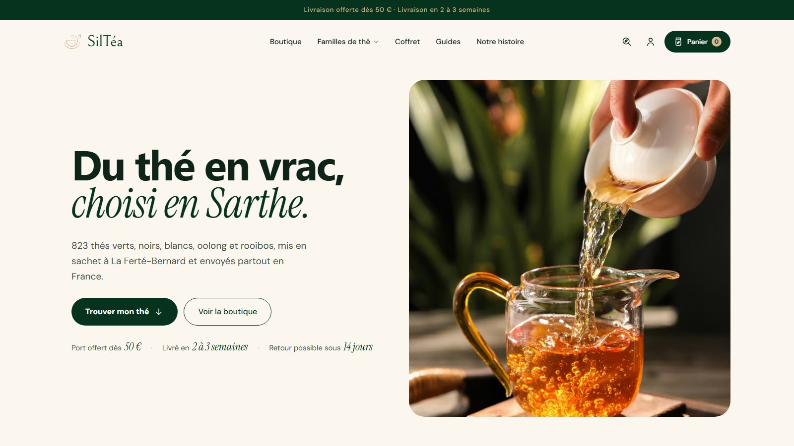 Page d’accueil de la boutique Siltéa : thé en vrac mis en sachet à la main